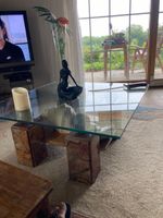 Table basse unique en verre et marbre massif, style moderne
