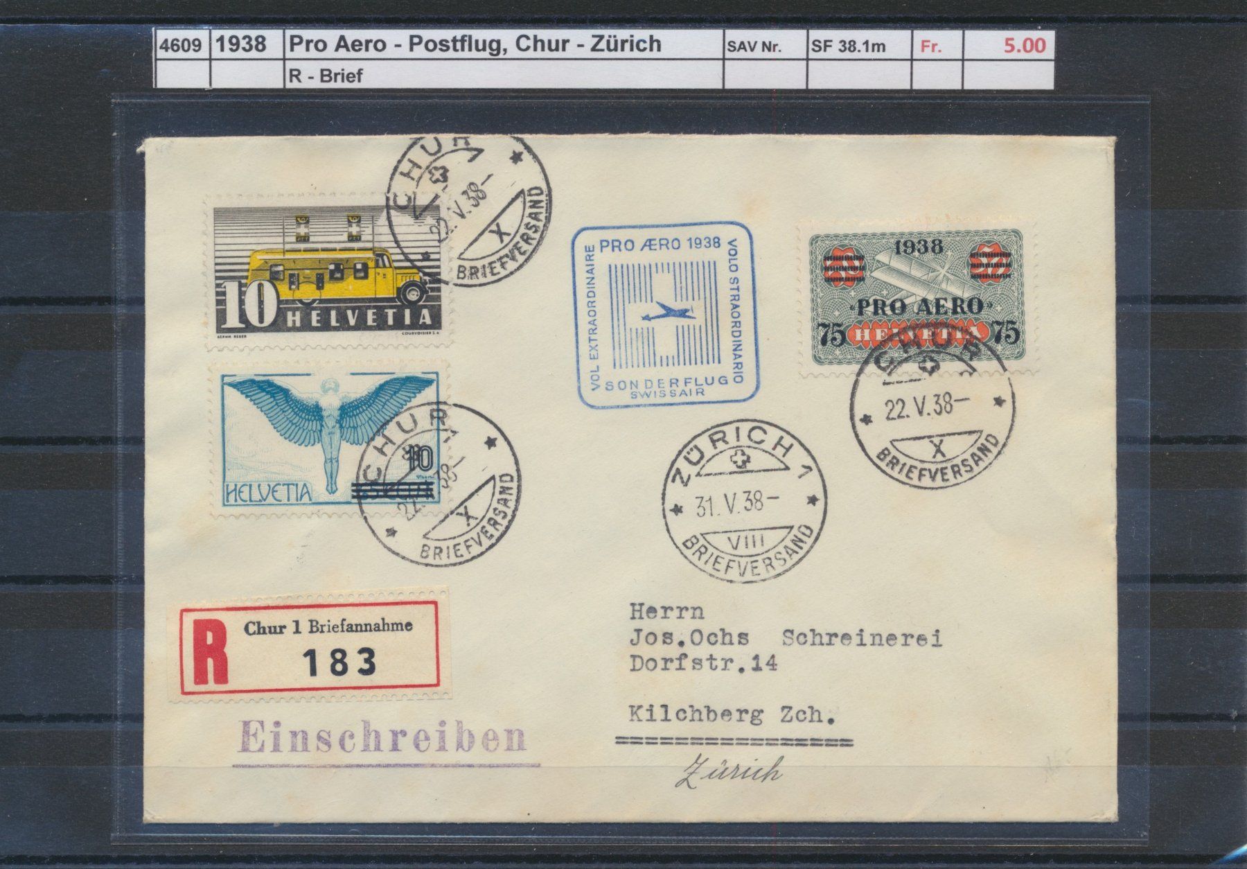 Tutti i francobolli: 1938 Pro Aero - Postflug, "Chur - Zürich" – Usato da Winterthur venduto da Zupogeru