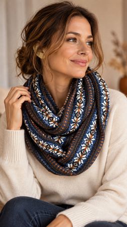 Damen Loop Schal nordic Blau Weiss braun trendy Winter 600