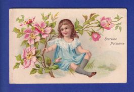ENFANT - Jeune fille et fleurs - Carte gauffrée // pli d'ang