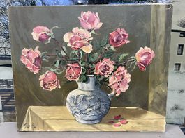 Huile sur toile Roses dans un vase, signée H. ÉCUYER 52