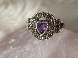 Ring Silber 925 mit lila Stein + Herz