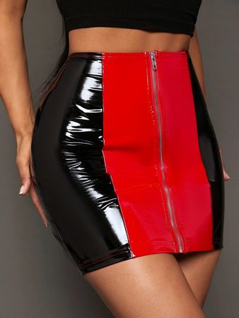 Sexy Figurbetonter Minirock mit Reißverschluss, Lack Leder