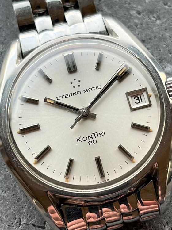 Vintage Eterna Kontiki 20 watch showing its classic case and dial