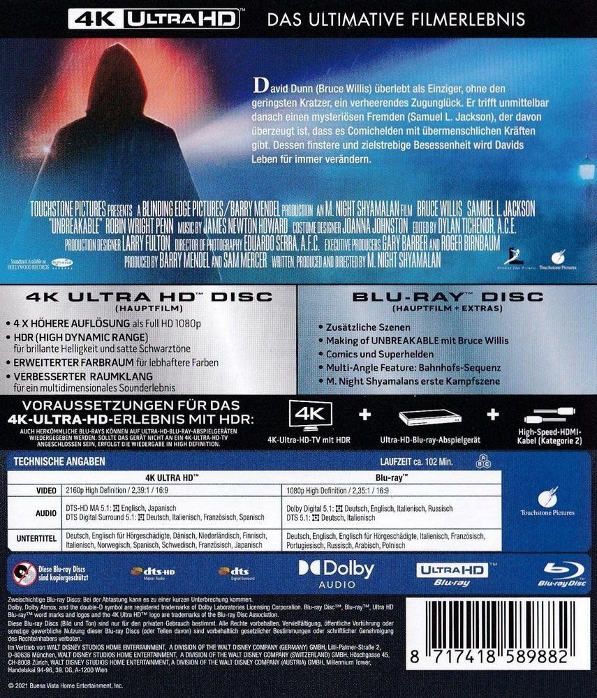 Tutti i DVDs: Unbreakable (2000) 4K UHD+BD/Shyamalan/Bruce Willis/Jackson – Nuovo (secondo la descrizione) da Volketswil venduto da cinephilia 1