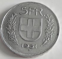 Seltene 5 Franken Münze 1951 Silber - Sammlerstueck