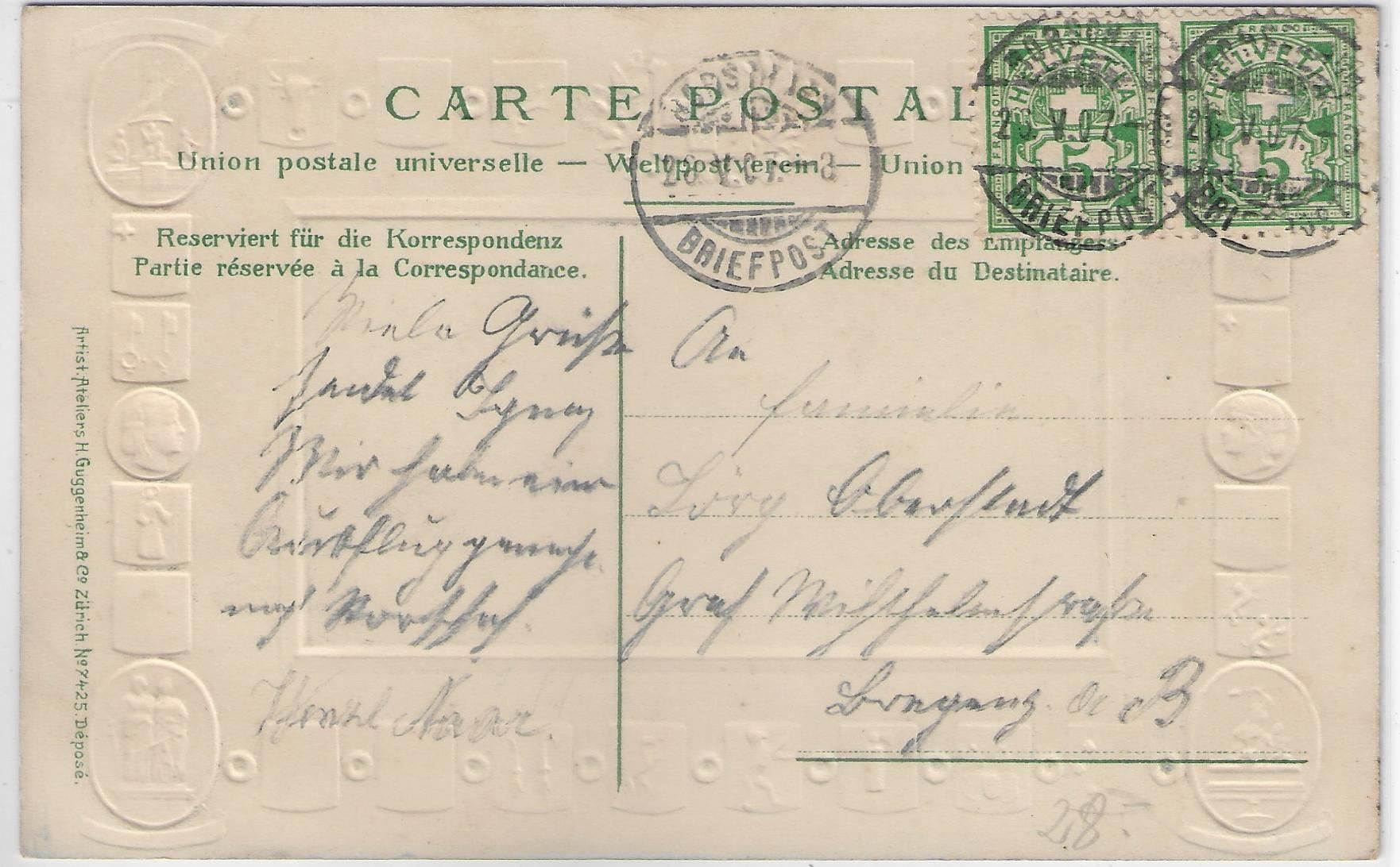 Cartoline postali: Rorschach - Wappen-Präge-Litho 1907 – Usato da Ettingen venduto da Kartenplanet 1