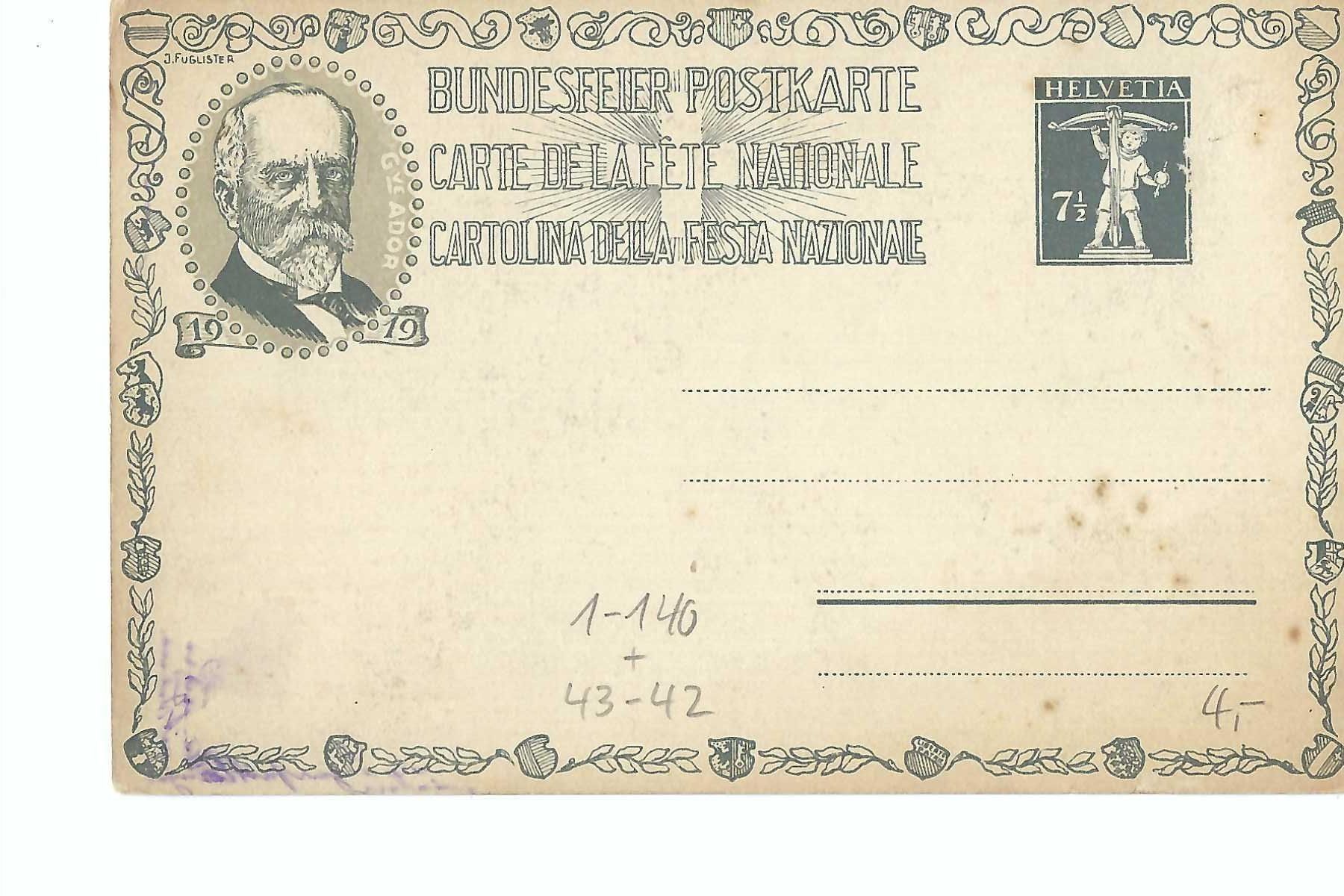 Cartoline postali: Bundesfeier Postkarte 1919 Gottfried Keller – Usato da Thun venduto da 44wart 1
