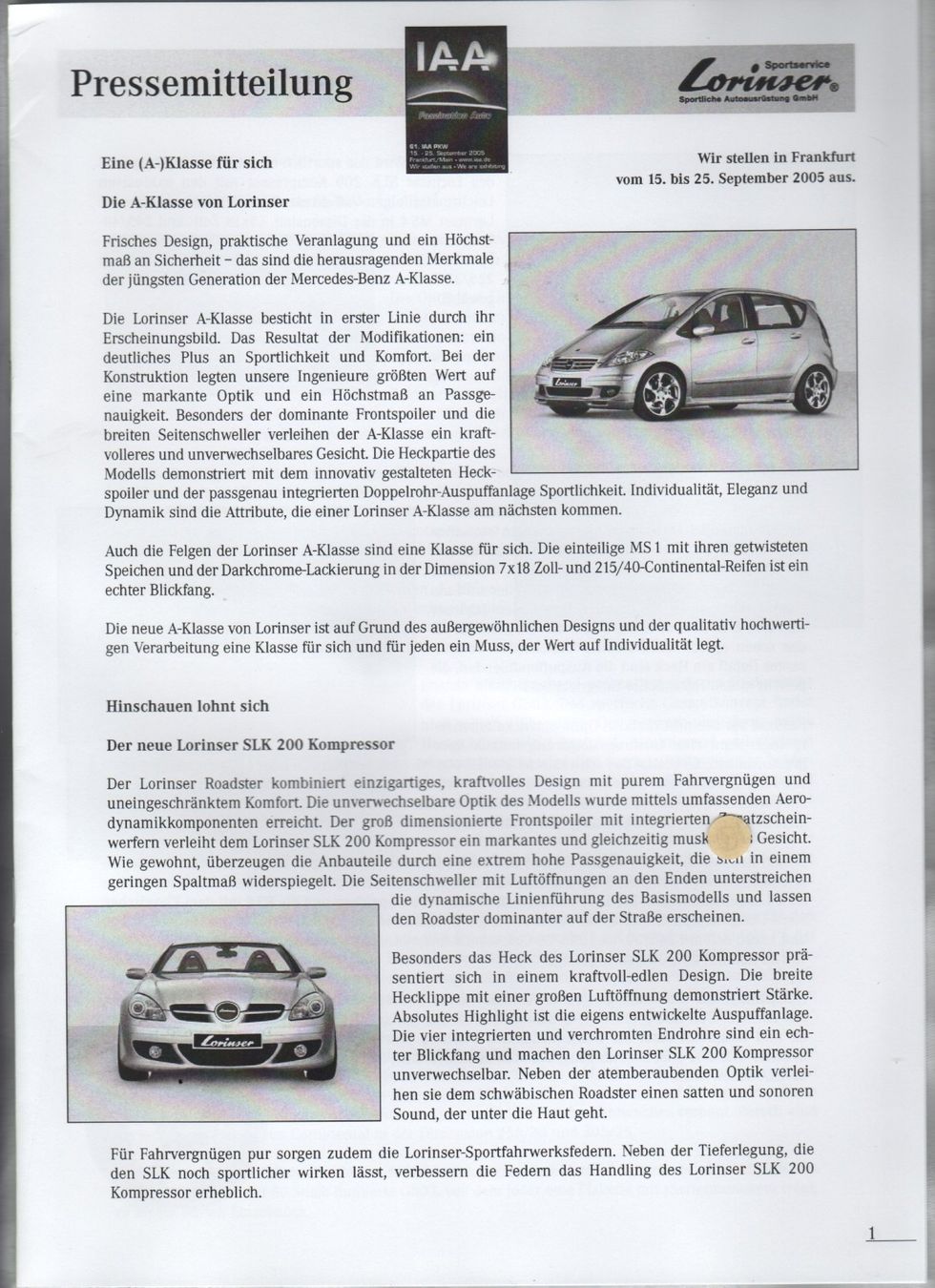 Lorinser Dokumente: Pressemappe Lorinser IAA 2005 – Gebraucht aus Corminboeuf von corbay 1
