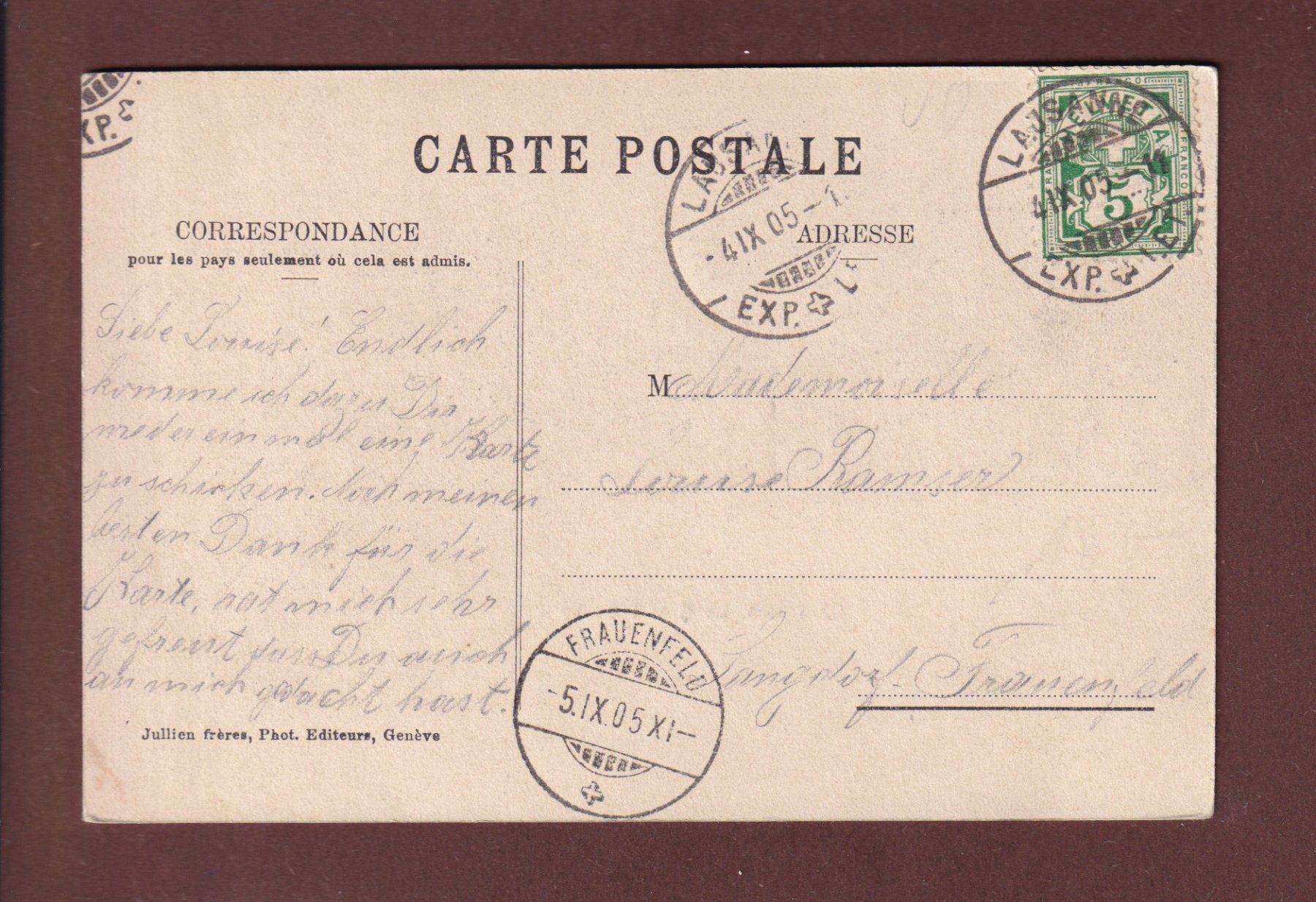 Cartoline postali: LAUSANNE - Quai d'Ouchy - 1905 – Usato da Pully venduto da nicecards 1