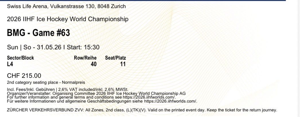 Biglietti: 2x IIHF Eishockey WM Bronzespiel – Nuovo e nell'imballaggio originale da Wettingen venduto da mxrc.mllr