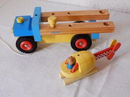 Janod Holz Spielzeugauto-Werkst mit Magnet Helikopter
