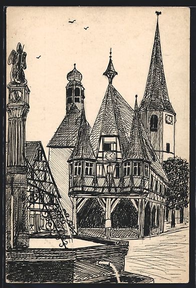 Cartoline postali: Handgemalt: Michelstadt, Rathaus mit Bru – Usato da Berlin venduto da bartko-reher