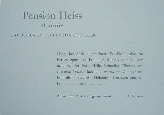 Cartes postales: DAVOS-PLATZ Werbung Pension Heiss - A. Kessler – Neuf (Voir description) à Jona par philajona 1