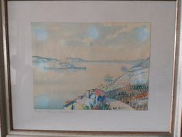 Aquarell Gemälde W. Kohler "St. Petersinsel und Bielersee"