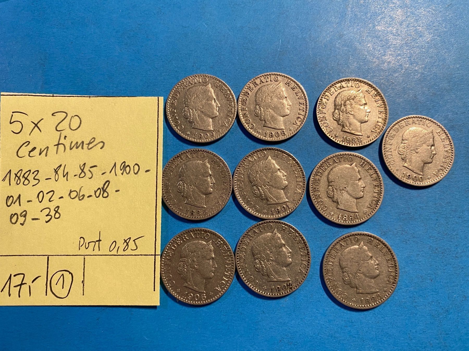 Alle Münzen: 10 x 20  CENTIMES  1883 à 1938 – Gebraucht aus genève von GEnumist