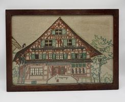 Alte Stickerei Bauernhaus im Rahmen