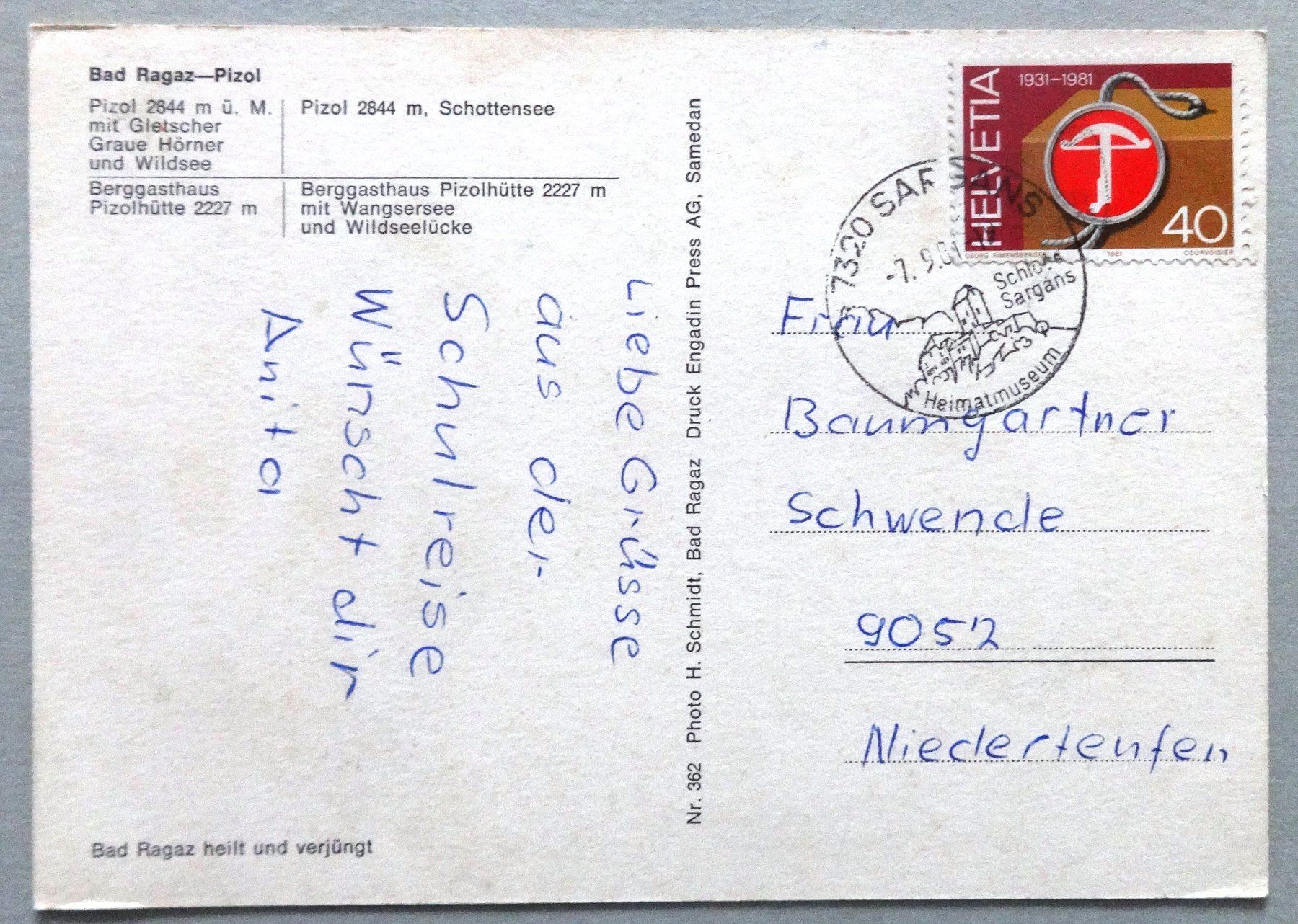 Cartoline postali: Bad Ragaz - Pizol – Usato da Fétigny venduto da Billy2miny 1