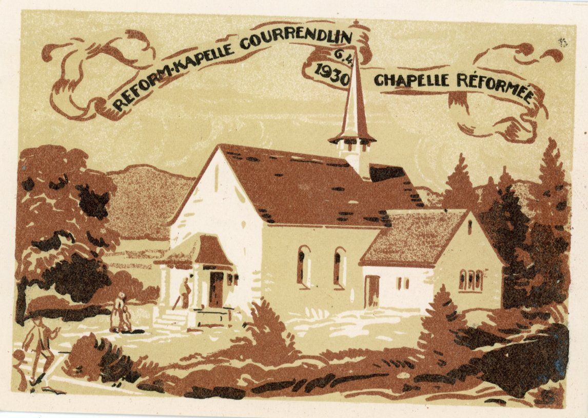 Cartoline postali: Courrendlin  JU  -   Chapelle Réformée       en 1930 – Usato da Brig venduto da Valcards54