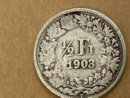 SVIZZERA 1/2  FR MONETA IN ARGENTO 1903 usata - circolata