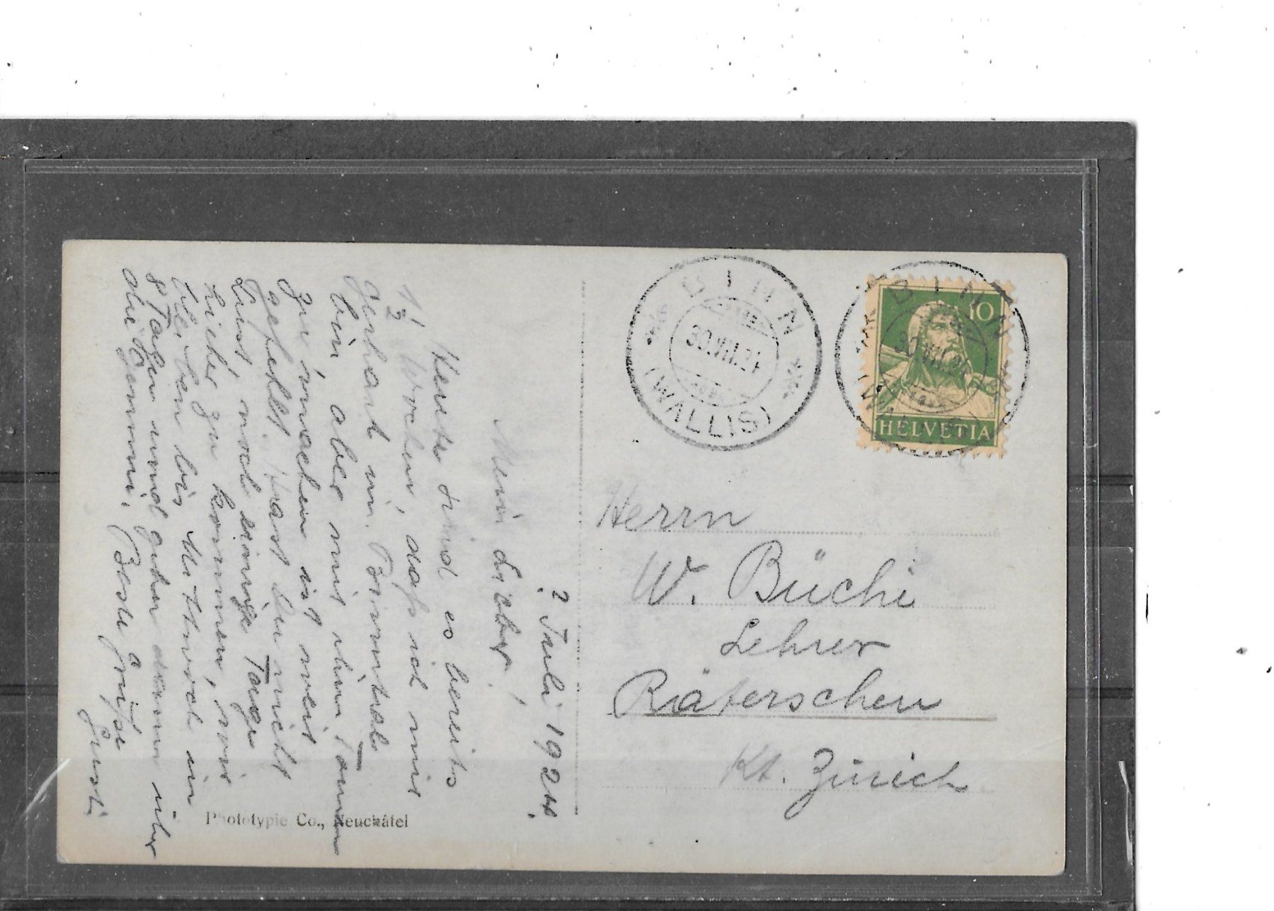 Cartoline postali: VS Binn 1924 – Usato da Schocherswil venduto da Wilare 1