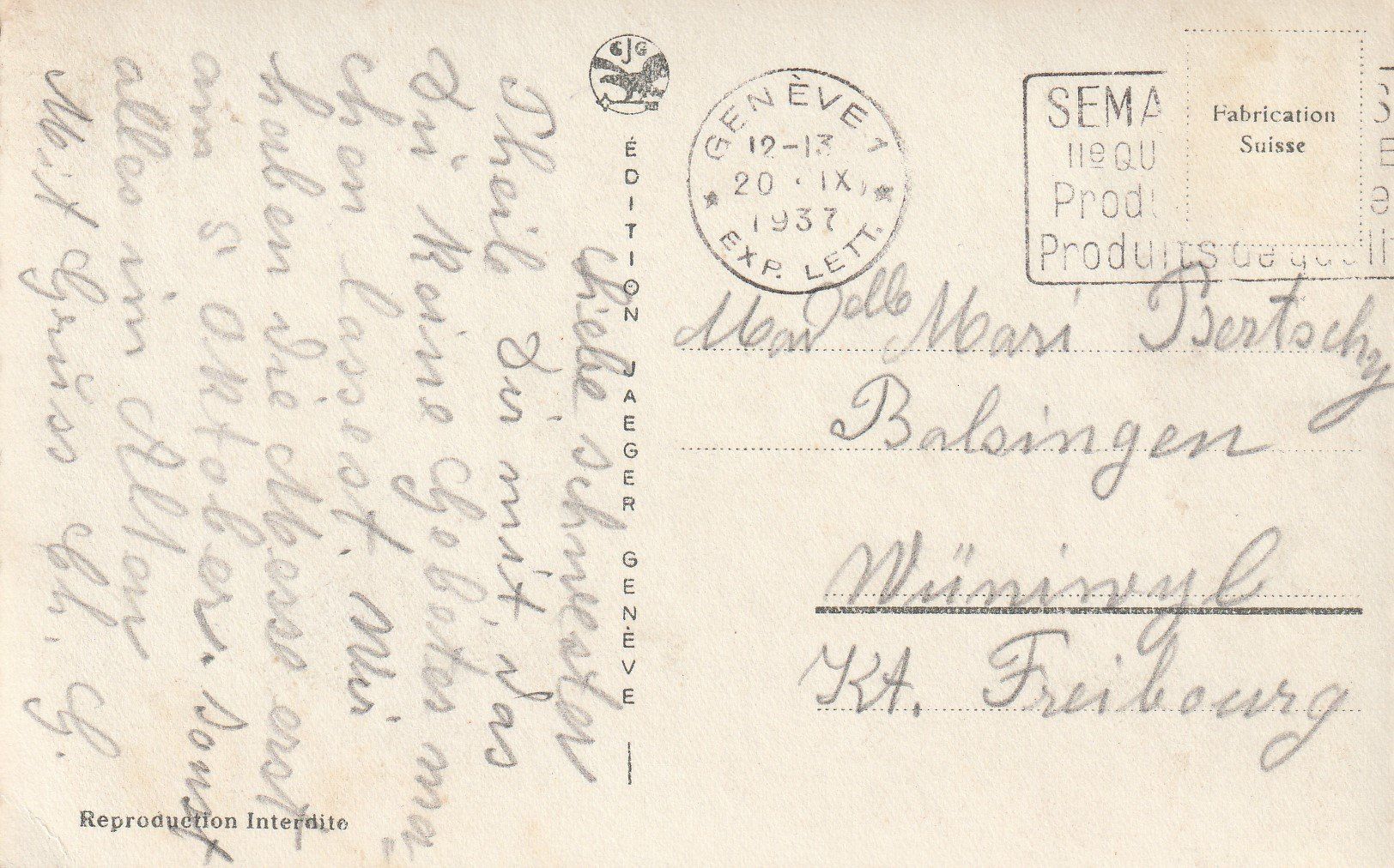 Cartoline postali: AK Genève gel. 20.9.1937 – Usato da Fribourg venduto da schnalla92 1