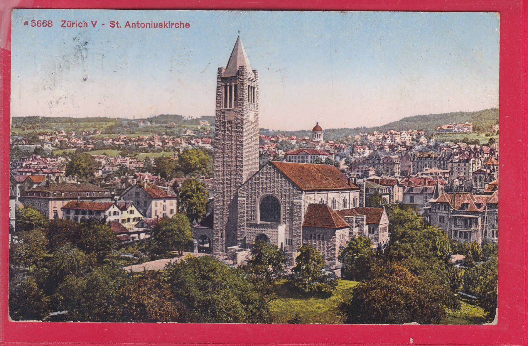 Cartoline postali: ZÜRICH V - ST. ANTONIUSKIRCHE, 13.5.1914 – Usato da Oberrieden venduto da Gebirgsstelze