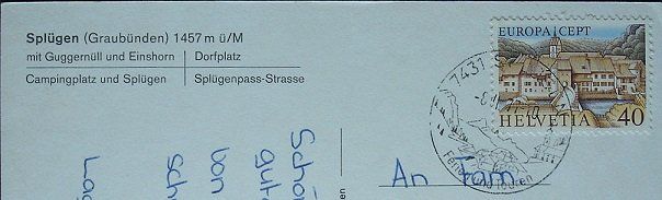 Ansichtskarten: SPLÜGEN mit Guggernüll - Dorfplatz - Campingplatz - Auto – Gebraucht aus Jona von philajona 1