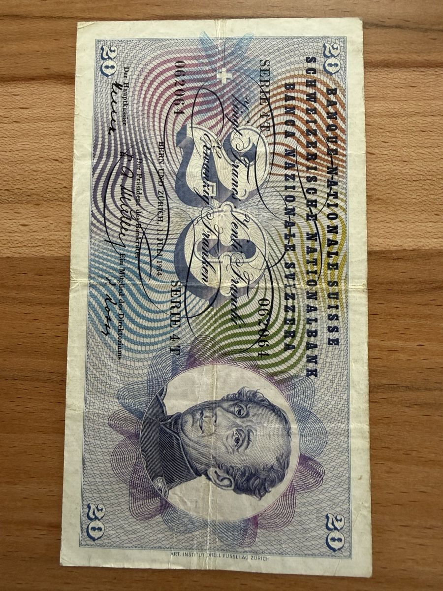 Banknoten: 20 Franken Banknote Serie 4 T – Gebraucht aus Grenchen von Bastet007