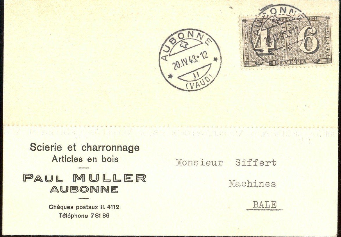 Alle Briefmarken: Timbre 100 ans poste sur carte, Aubonne 20.04.1943 – Gebraucht aus Montenol von Vernier2