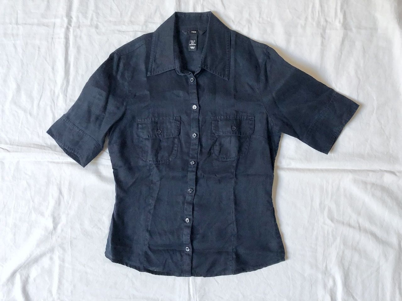 H&M Camicette: H&M, Leinenbluse kurzarm, dunkelblau, Gr. 34 – Nuovo (secondo la descrizione) da Basel venduto da Solaia28