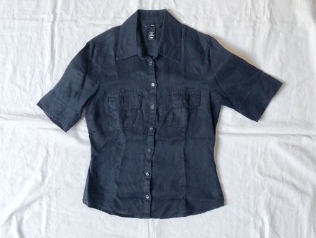 H&M, Leinenbluse kurzarm, dunkelblau, Gr. 34
