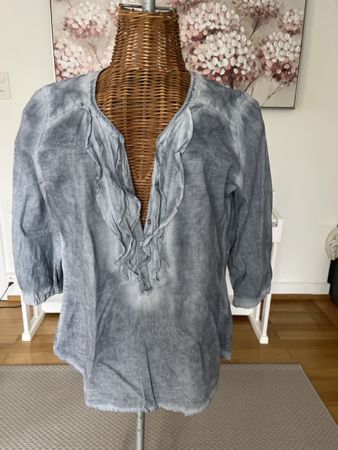 Bluse mit Rüschen, blau-grau, Marco Polo, 38