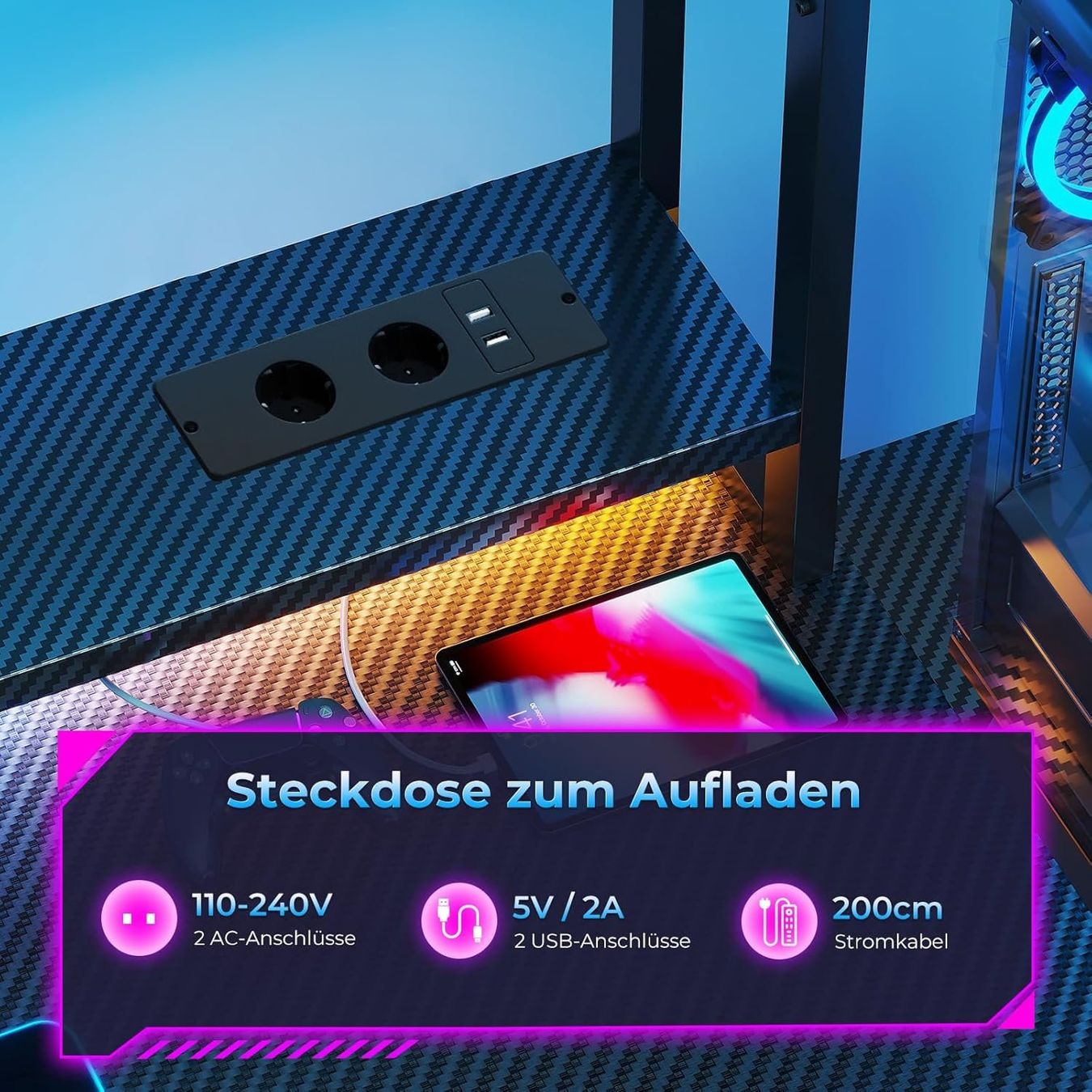 Scrivanie: Gaming Tisch mit LED Steckdose Regal Schubladen 137cm – Nuovo e nell'imballaggio originale da Zürich venduto da jasminleut 5