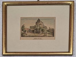 Zeichnung, Stich Schloss Kastelen 1840 mit Blattgoldrahmen