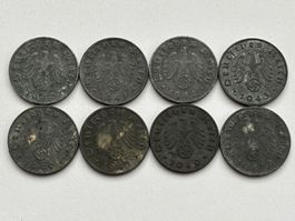 8 Münzen à 1 Pfennig Deutsches Reich 1940-1943