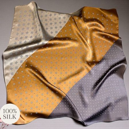 New 68cm 100% Silk Scarf Camel Brown Tricolor Mini Square