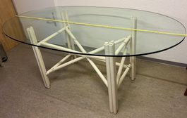 Vintage Tisch Gestell Rattan weiss Glasplatte oval 80iger Ja