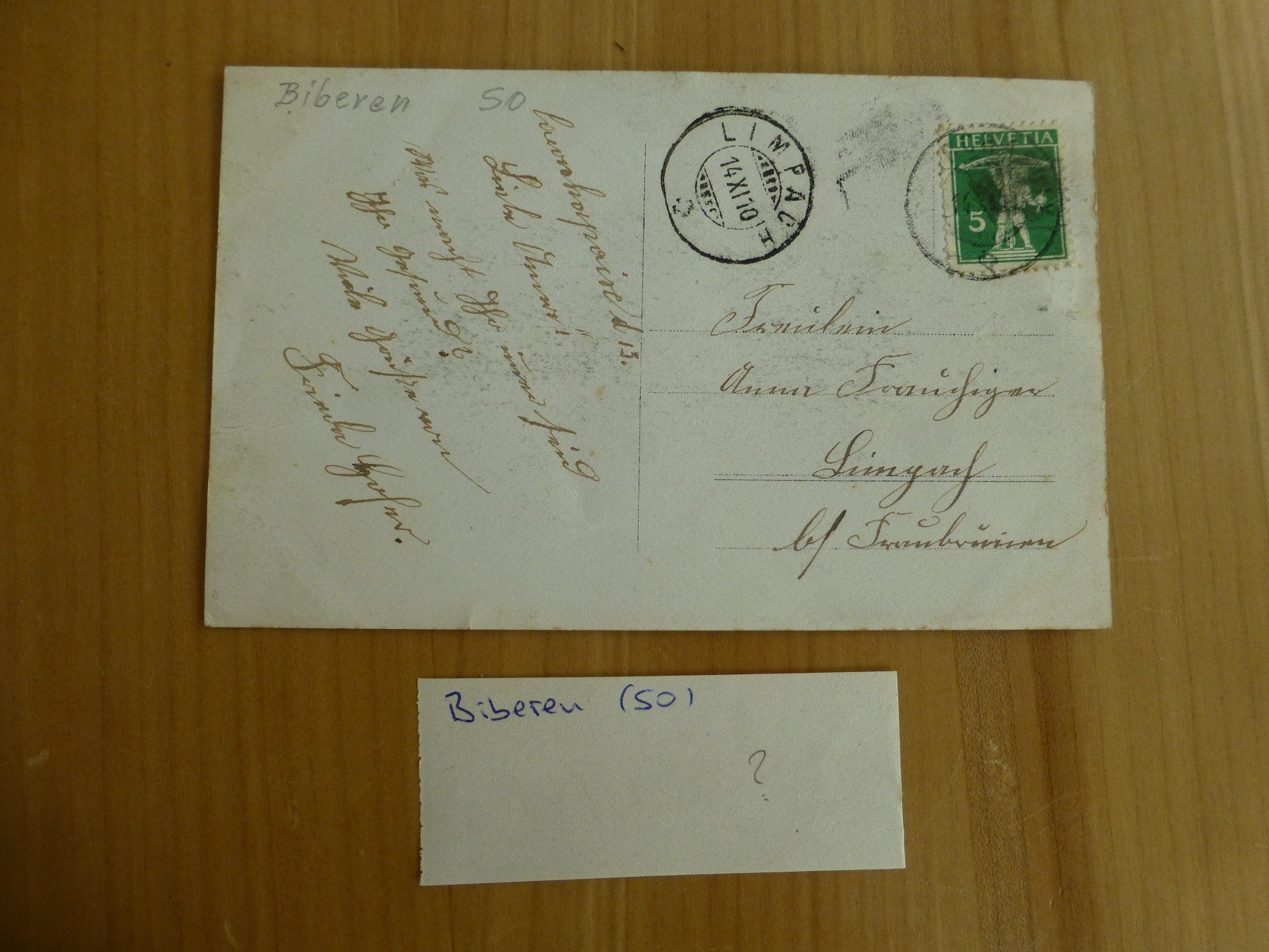 Ansichtskarten: Biberen??, Ansichtskarte, Stempel Limpach 1910 – Gebraucht aus Bettlach von 1saurer 1
