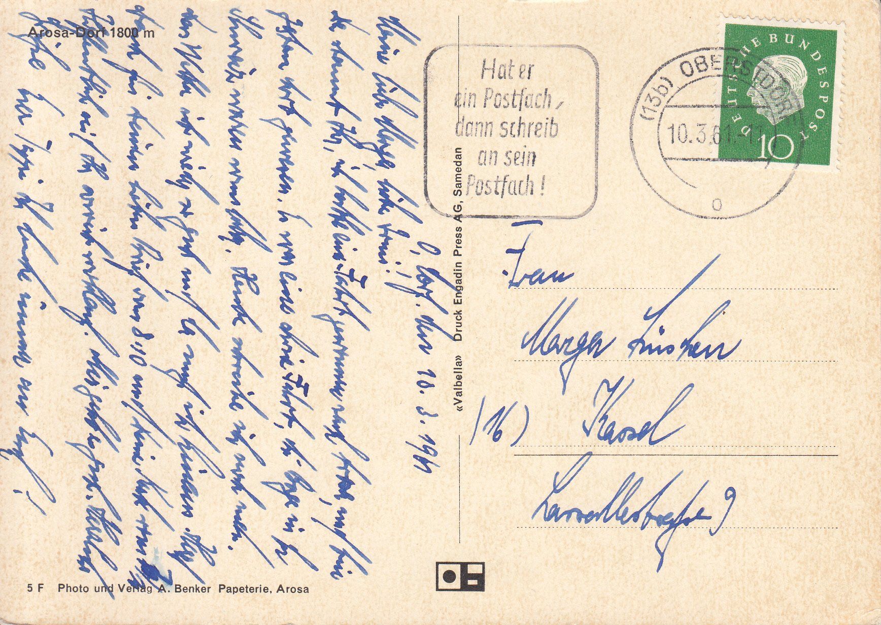 Cartoline postali: Arosa-Dorf 1961 – Usato da Bürglen TG venduto da StampGraf 1