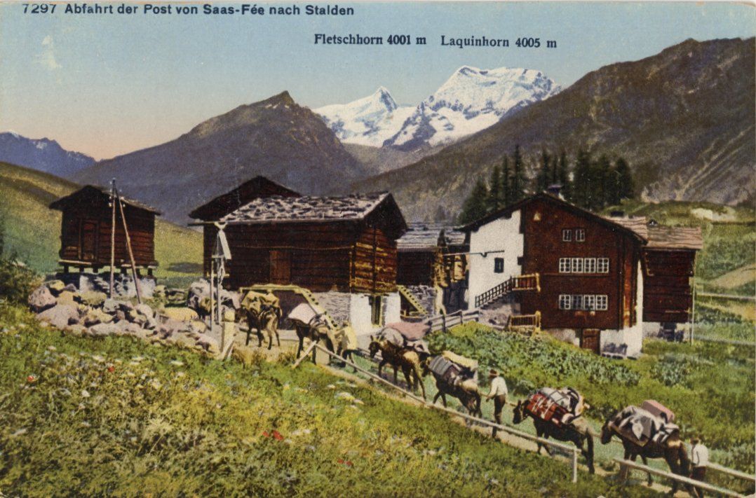 Cartoline postali: Saas Fee   VS  -   Abfahrt der Maultier -  Post nach Stalden – Usato da Brig venduto da Valcards54