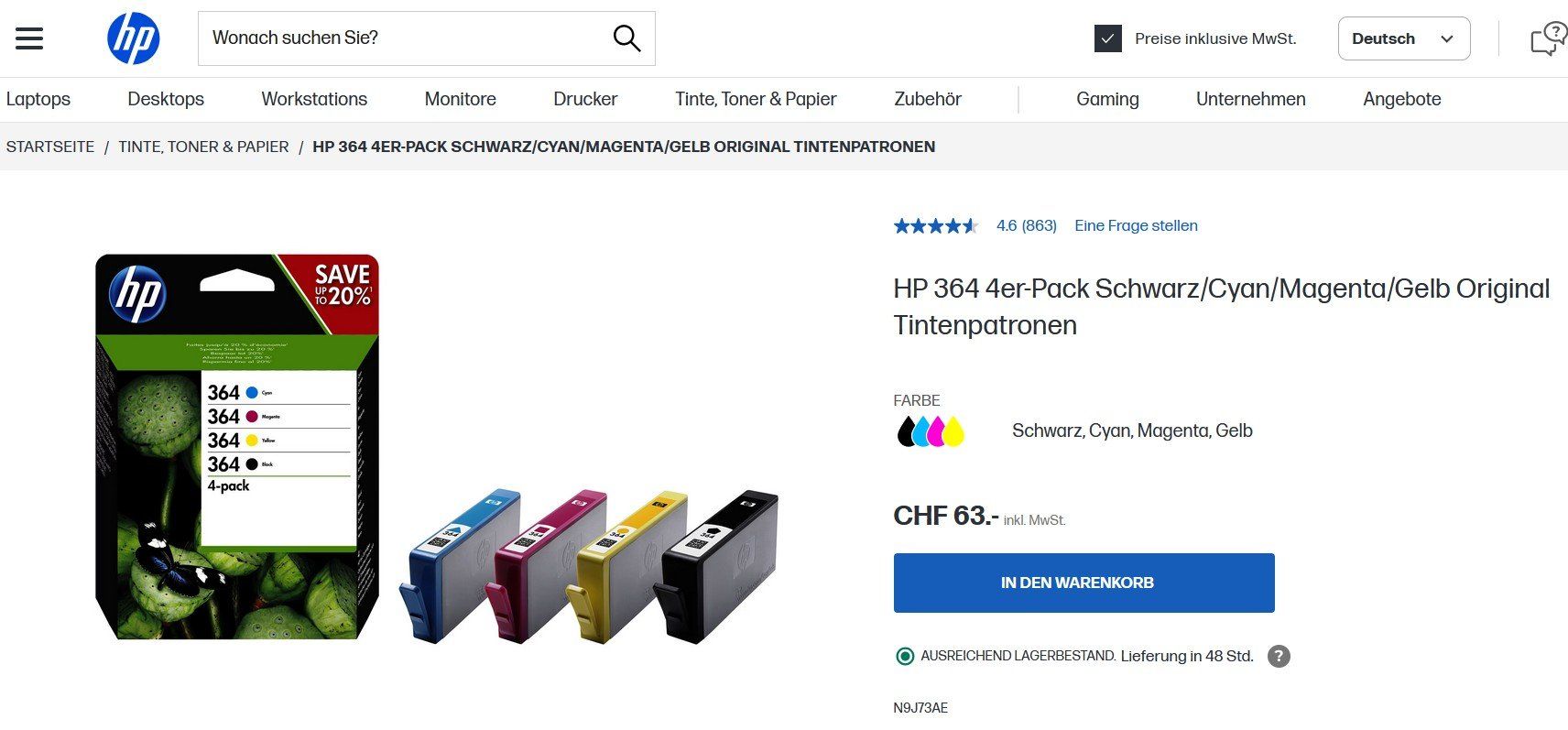 Hewlett Packard Cartucce per stampanti & toner: CB316EE + CB318EE + CB319EE + CB320EE Multipack, 364/N9J73AE – Nuovo e nell'imballaggio originale da Glattbrugg venduto da copytron 2