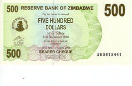 Reserve Bank of Zimbabwe - 500 Dollars - UNZ
