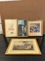 Lot de 4 tableaux anciens signés, huiles, aquarelles, illust