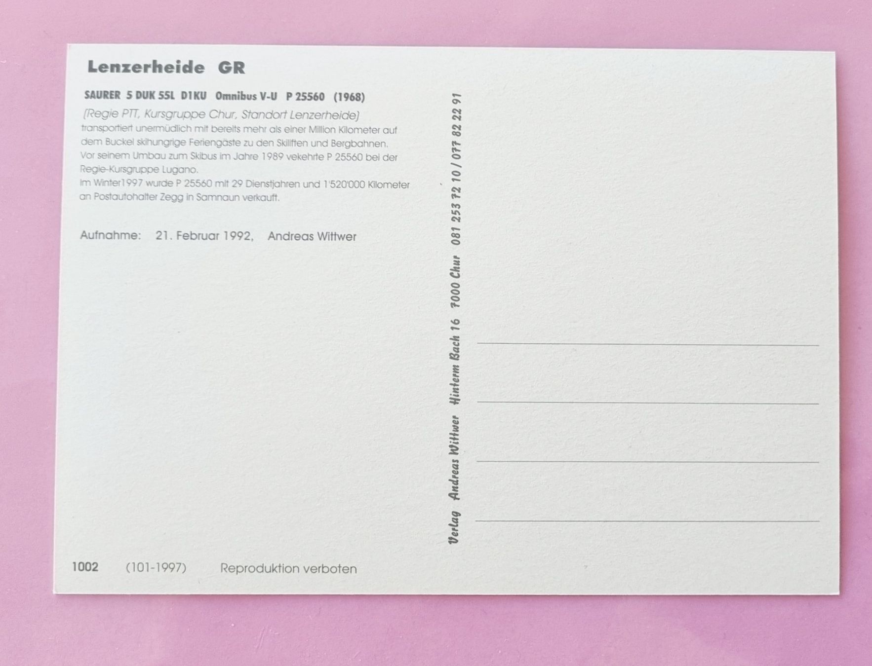Cartoline postali: Lenzerheide - Postauro SAURER - 1992 – Usato da Rothrist venduto da RROENK 1