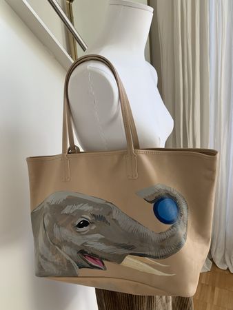 Tasche Anna Cortina  Leder handbemalt beige Elefantensujet