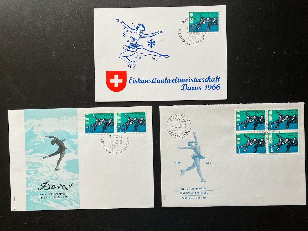 Tutti i francobolli: WM Eiskunstlauf Davos 1966 - 3 Belege – Usato da Nesslau venduto da zueri6