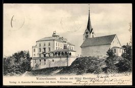 AK Walzenhausen, Kirche mit Hôtel Rheinburg