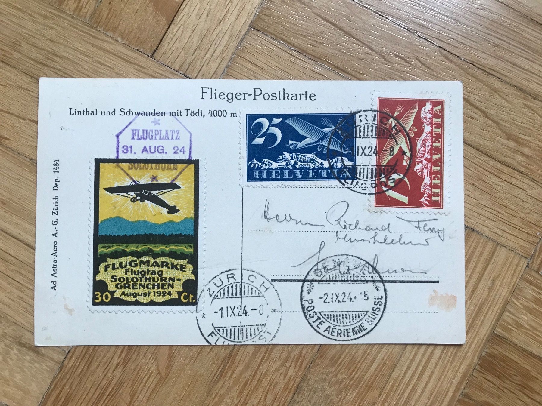 Tutti i francobolli: 1924 Flieger-Postkarte nach Solothurn – Usato da stäfa venduto da brandy66