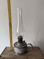 Öllampe Zinn emailliert mit Glashut guter Zustand